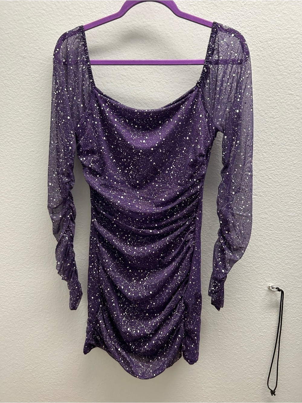 Purple Sparkle Ruched Long-Sleeve Mini Dress